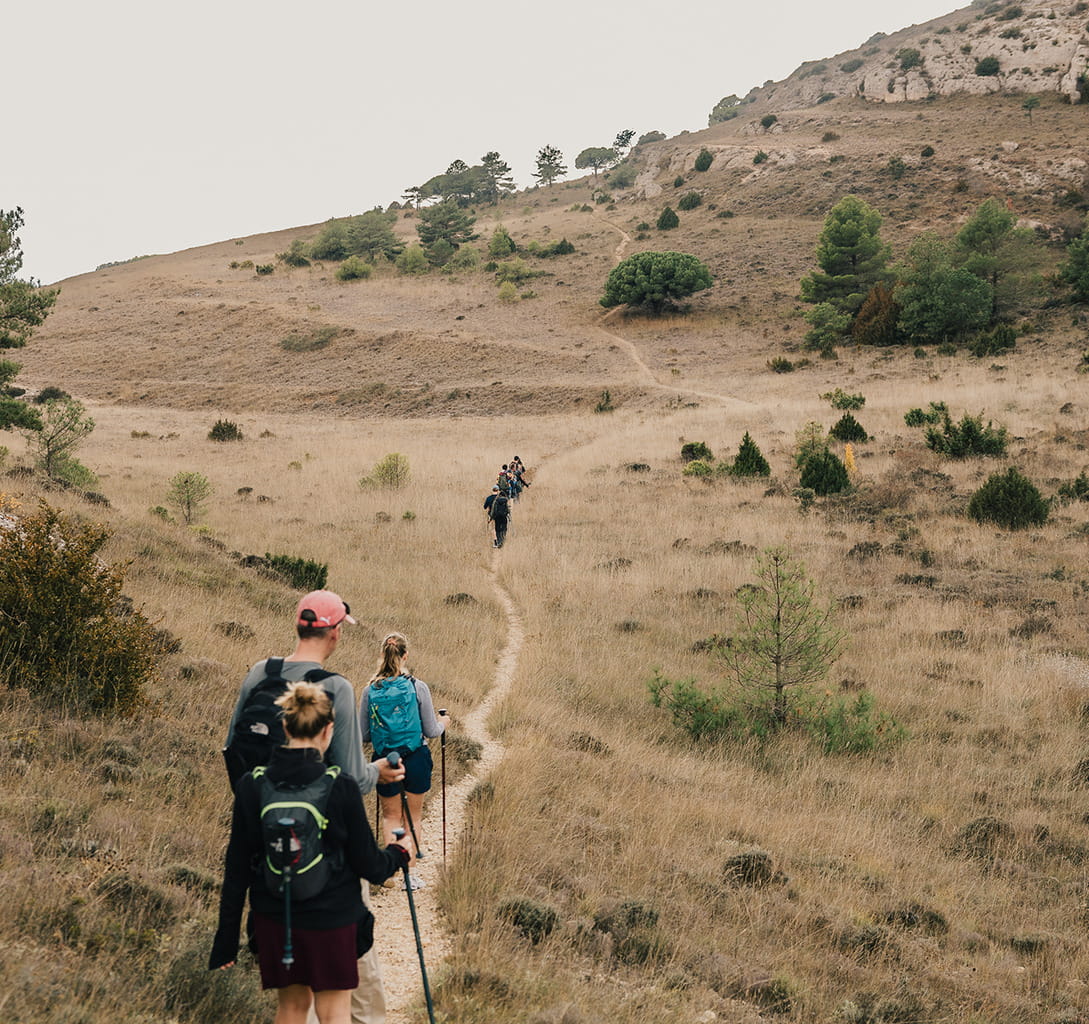 A group of people walking on a mountain path