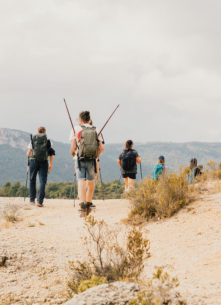 A group of people walking away from camera with a distant mountain in the background