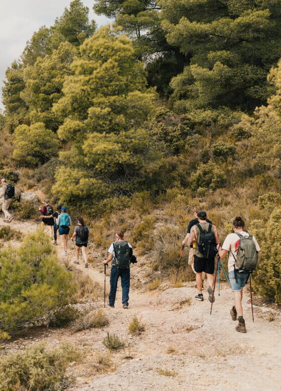 A group of people walking on a mountain path