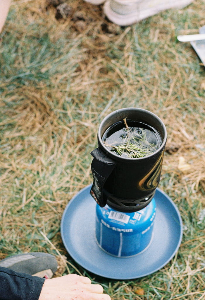 A post of wild tea brewing over a small gas stove